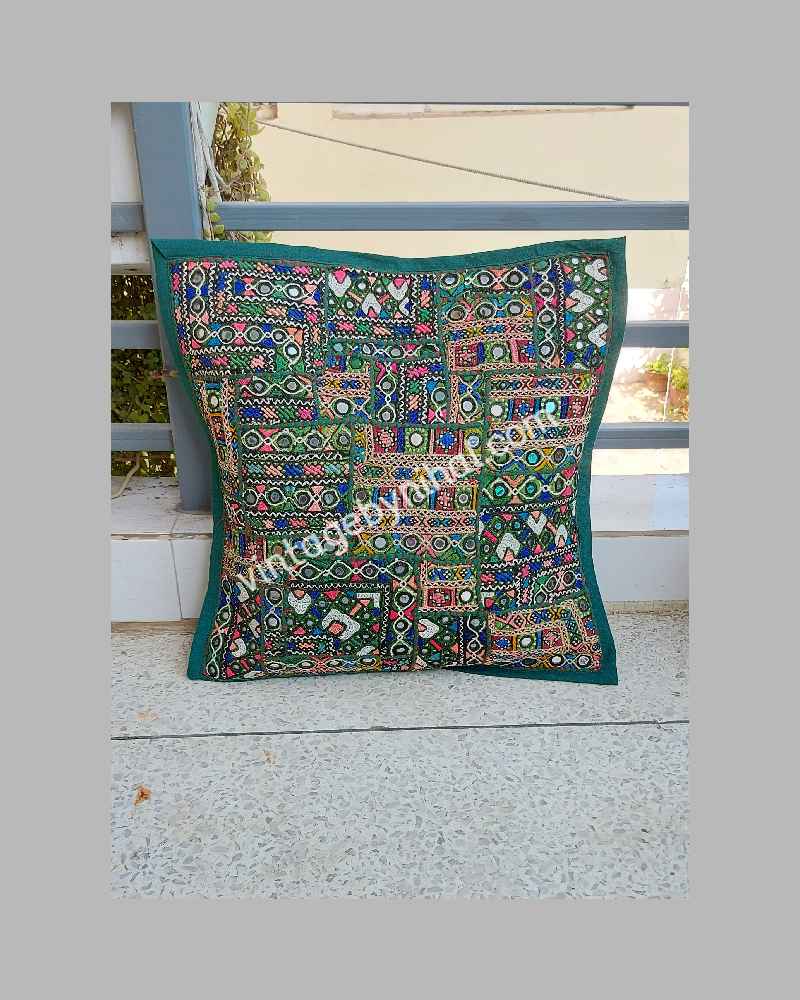 Green Vintage Soof and Mirror Hand Embroidered Patchwork Cushion Cover 
